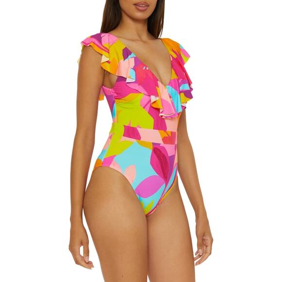 NWT Trina Turk Lilleth Ruffle One-Piece Swimsuit Pink Multi - Size: 10 - Picture 3 of 11